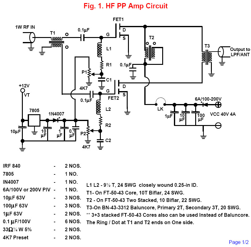 Fig. 1 Circuit Diagram of HF push pull power amplifier